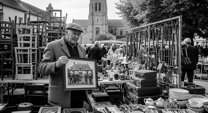 Zwart-witfoto van brocante in Noord-Frankrijk